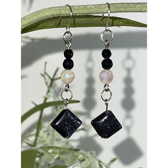 Goldstone & Silver Earrings Long Drop Dangling Sparkling Agates Hooks Multi Bead - Picture 1 of 7